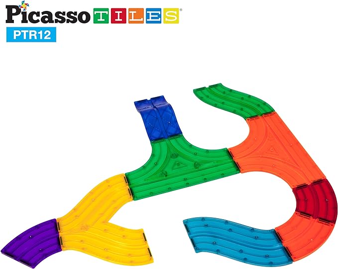 PicassoTiles 12 Piece Race Track Add-On Magnetic Building Block Set Magnet Tiles Construction Toy STEM Learning Kit Early Education Kids Toys Playset Pretend Play Blocks Child Brain Development PTR12