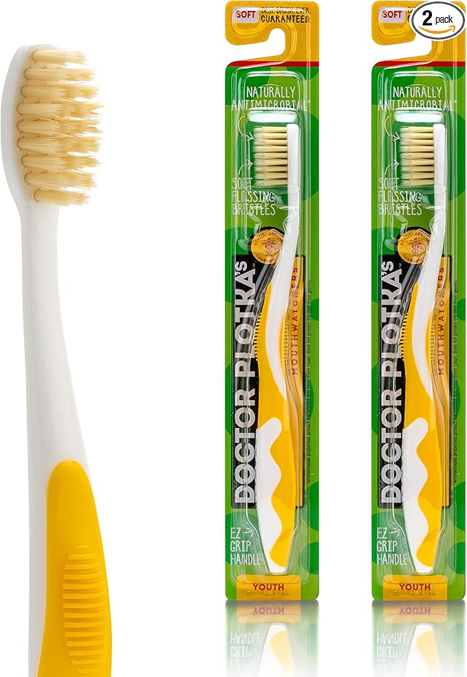 MOUTHWATCHERS Soft Kids Toothbrushes, 2 Pack, Manual Flossing Toothbrush, Ultra Clean, Yellow Childrens Toothbrushes, by Dr. Plotka's