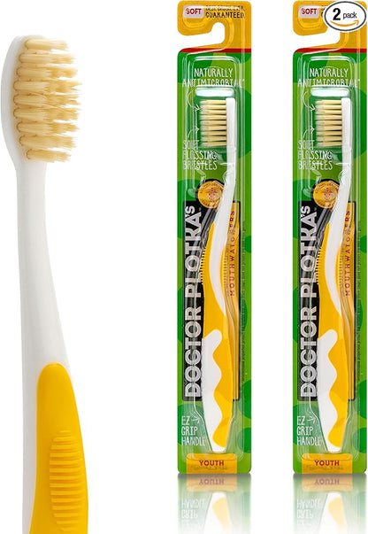 MOUTHWATCHERS Soft Kids Toothbrushes, 2 Pack, Manual Flossing Toothbrush, Ultra Clean, Yellow Childrens Toothbrushes, by Dr. Plotka's