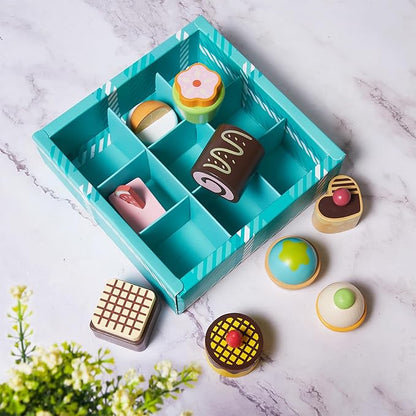 10pcs Wooden Dessert Set Toddler Pretend Play Toy Food, Sweets Playset with Muffin, Cupcake, Chocolate Cake & Roll, Kids Food Toys Play Kitchen Accessories Boys and Girls Birthday Gift