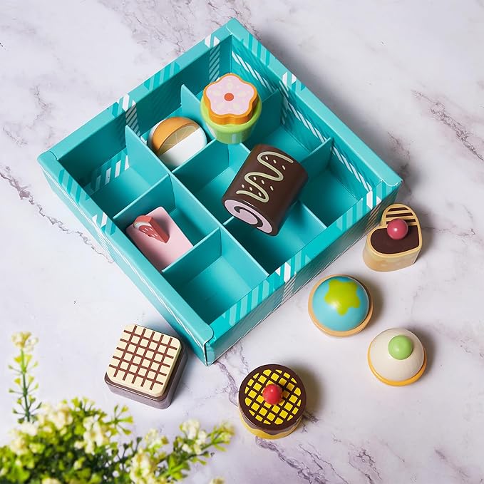 10pcs Wooden Dessert Set Toddler Pretend Play Toy Food, Sweets Playset with Muffin, Cupcake, Chocolate Cake & Roll, Kids Food Toys Play Kitchen Accessories Boys and Girls Birthday Gift