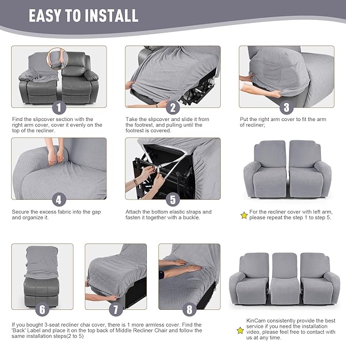 KinCam Recliner Covers, Stretch Reclining Chair Covers, Recliner Sofa Slipcovers Stripe Jacquard Recliner Couch Covers Furniture Protector Covers for Pet Kid (3 Seater, Silver Gray)