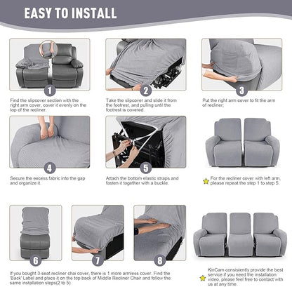 KinCam Recliner Covers, Stretch Reclining Chair Covers, Recliner Sofa Slipcovers Stripe Jacquard Recliner Couch Covers Furniture Protector Covers for Pet Kid (3 Seater, Silver Gray)