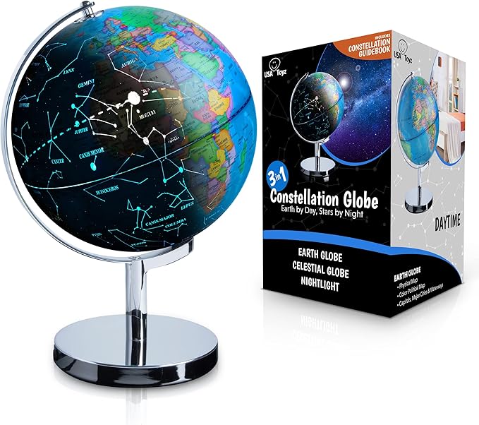 USA Toyz Illuminated World Globe with Stand - 3in1 STEM Globes for Adults and Kids, Constellation Map, Built-In LED Night Light Lamp, Easy to Read Texts, Non-Tip Base, 13.5 Inch Tall, 9 Inch Diameter