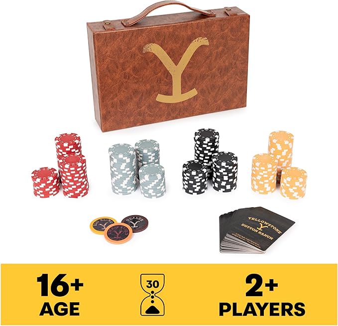 Spin Master Games, Yellowstone, 200-Piece Poker Set with Custom Carrying Case, Dealer & Betting Poker Chips Card Deck, Yellowstone Merchandise, for Adults 16 and up