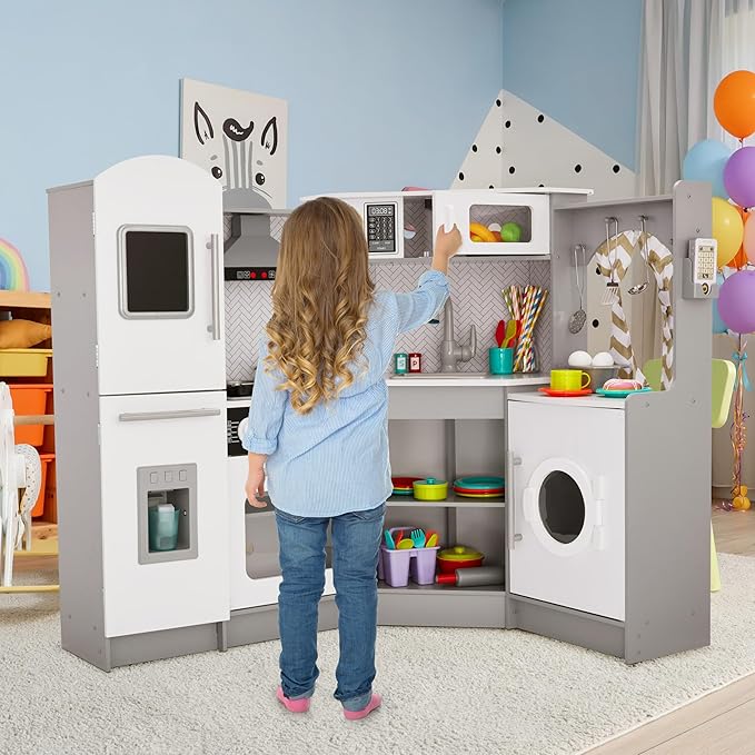 Lil' Jumbl Kids Corner Kitchen Set, Pretend Wooden Deluxe Play Kitchen, Battery Operated Icemaker, Stovetop & Faucet with Realistic Sound - Grey