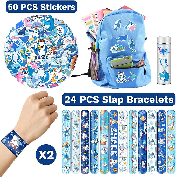 74 PCS Shark Party Favors 24 Shark Slap Bracelets, 50 Shark Stickers Shark Birthday Party Decorations, Supplies, and Gifts for Kids, Classroom Rewards