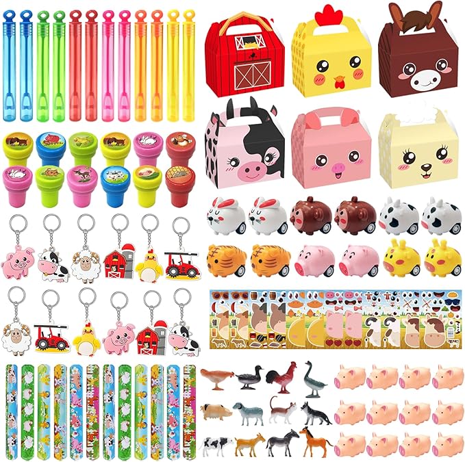 Farm Animals Party Favors Supplies 108 Pcs Birthday Party Decorations Goodie Boxes Bubble Wands Stampers Rubber Pigs Figures Keychains Pull Back Cars Slap Bracelets Stickers Toys For Kids Boys Girls