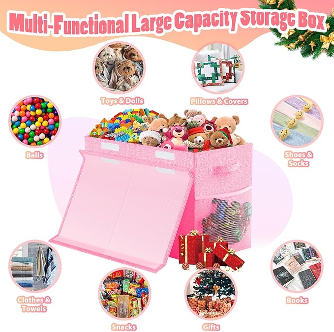 Large Toy Storage Box with Lid Divider, Sturdy Collapsible Toys Organizer Chest Kids Storage Bins Boxes Baskets for Boys, Girls, Nursery, Bedroom, Living Room, Playroom, 25"x13"x16", Pink
