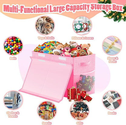 Large Toy Storage Box with Lid Divider, Sturdy Collapsible Toys Organizer Chest Kids Storage Bins Boxes Baskets for Boys, Girls, Nursery, Bedroom, Living Room, Playroom, 25"x13"x16", Pink
