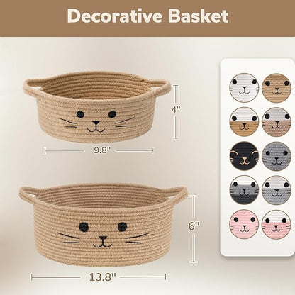 Cute Cat Toy Basket, Gift Baskets Empty for Home Decor, Soft Woven Basket for Living Room, Decorative Storage Baskets for Diaper Caddy, White & Brown, 9.8 x 4 inches