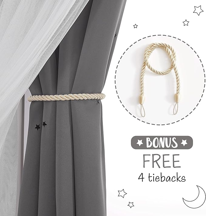 NICETOWN Star and Moon Hollow-Out Curtains for Kids Room, White Voile Overlay Princess with Blackout Curtains 2 Layer Grommet Window Drapes for Baby Bedroom/Halloween, 2 Panels (52W x 63L, Grey)