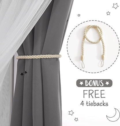 NICETOWN Star and Moon Hollow-Out Curtains for Kids Room, White Voile Overlay Princess with Blackout Curtains 2 Layer Grommet Window Drapes for Baby Bedroom/Halloween, 2 Panels (52W x 63L, Grey)