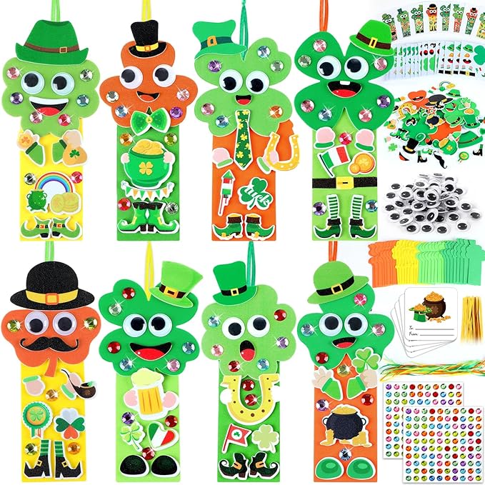 Qyeahkj 32 Sets St. Patrick's Day Shamrock Foam Craft for Kids St. Patrick's Day Bookmark Craft DIY Shamrock Craft Kit for Crafts for School Home Activities Party Favor Decorations