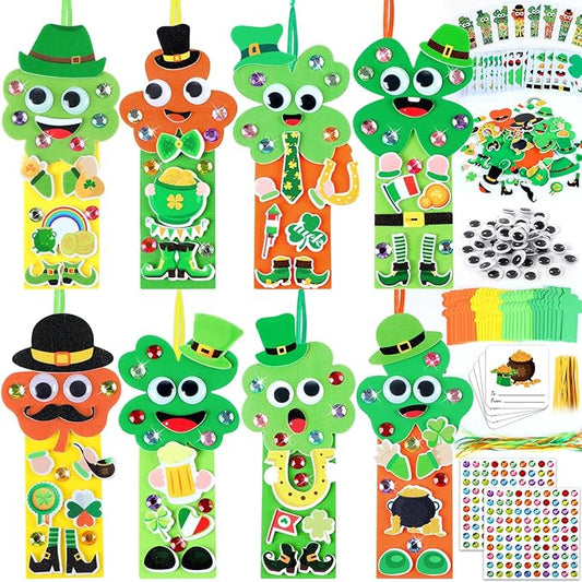 Qyeahkj 32 Sets St. Patrick's Day Shamrock Foam Craft for Kids St. Patrick's Day Bookmark Craft DIY Shamrock Craft Kit for Crafts for School Home Activities Party Favor Decorations
