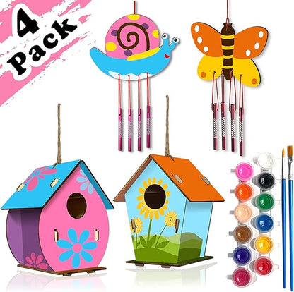 Arts and Crafts for Kids Ages 4-8 8-12, 2 Pack DIY Bird House Wind Chime Kids Crafts, Craft Kits for Girls Boys Toddlers 4-6 6-8, Painting Kits Includes Paints & Brushes