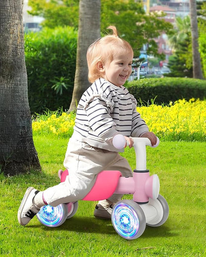 Toddler Toys Balance Bike for 1 Year Old Girl Gifts,4 Wheels Colorful Lighting with Music Baby First Bike,Toddler Girl Toys Balance Bike for 1st 2 Year Old Birthday Gifts