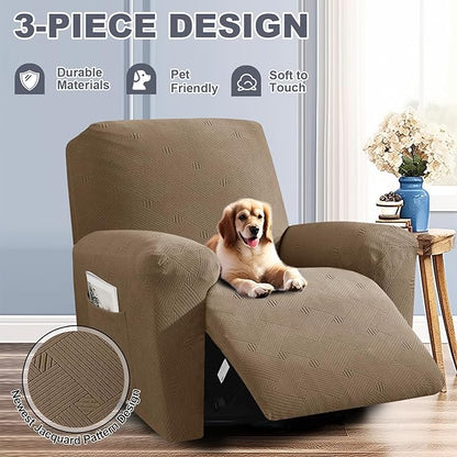 JIVINER Recliner Chair Covers, Jacquard 3 Piece Slipcovers for Recliner Chair Soft Stretch Lazy Boy 1 Seater Reclining Protector with Pockets (Recliner, Brown)