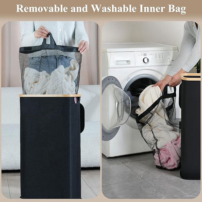 iEGrow Laundry Hamper with Lid, 110L Large Laundry Hamper with Handle and Lid, Collapsible Clothes Basket Organizer with Removable Inner Bag for Clothes Toys Towels - Black