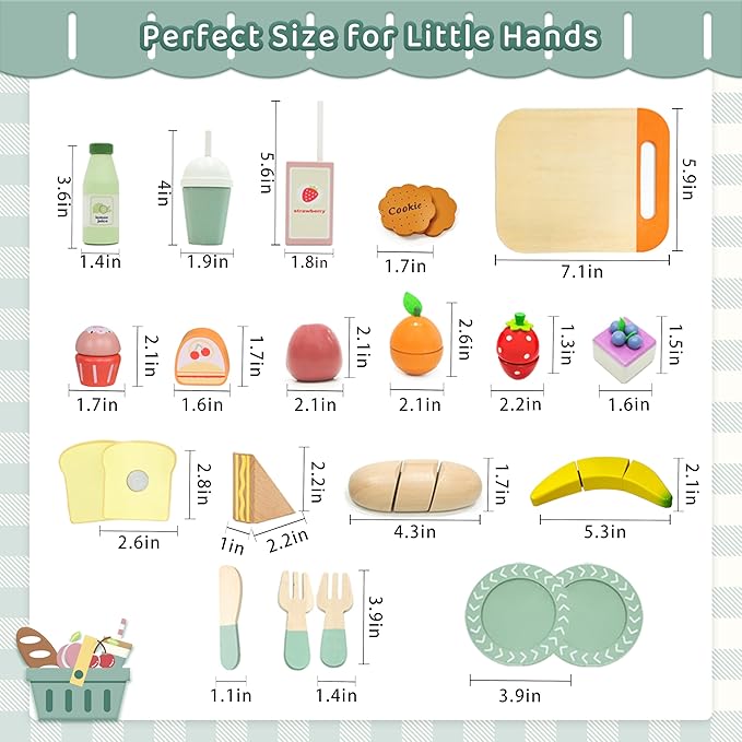 Picnic Playset - Wooden Play Food - Play Food Sets for Kids Kitchen - Pretend Food, Toy Food with Multifunctional Storage Bag, Non-Toxic Toy Picnic Set Best Gift for 3+ Toddlers