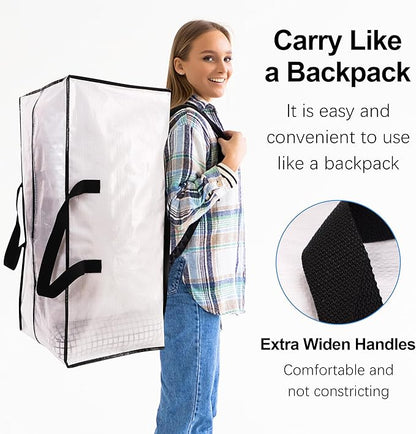 VELVETSURE 12 Pack Heavy Duty Large Moving Bags W/Backpack Straps - Strong Handles & Zippers, Storage Totes For Space Saving, Fold Flat, Alternative to Moving Box and Storage Bin, Semi-Transparent