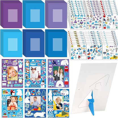 Qyeahkj 48 Pack Winter Craft for Kids Winter Picture Frame with Easel DIY Paper Arts Crafts Kit with Stand Christmas Holiday Xmas Photo Frames Bulks Game Activity for Kindergarten Preschool Boys Girls