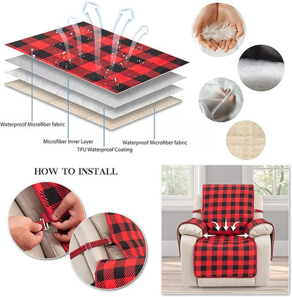 TOMORO Non-Slip Quilted Recliner Cover, 100% Waterproof Recliner Chair Slipcover Furniture Protector with Pockets, Washable Couch Cover with Elastic Straps for Kids and Pets，23 Inch