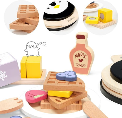 PairPear Wooden Waffle Maker Toy Food Playset, Kids Pretend Play Food Kitchen Accessories, Wooden Cooking Toy Baking Playset, Toddler Play Breakfast Brunch Tea Sets Cutting Food Gift for Girls Boys 3+
