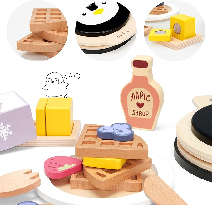PairPear Wooden Waffle Maker Toy Food Playset, Kids Pretend Play Food Kitchen Accessories, Wooden Cooking Toy Baking Playset, Toddler Play Breakfast Brunch Tea Sets Cutting Food Gift for Girls Boys 3+