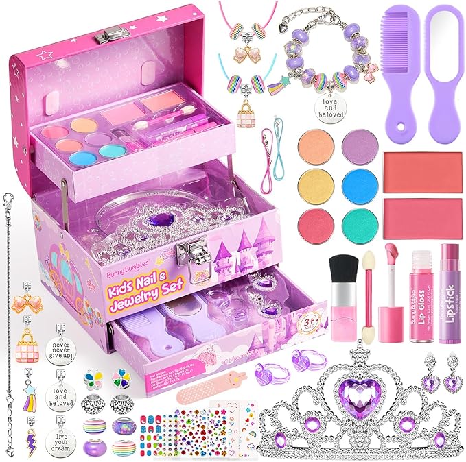 Kids Makeup Kit for Girls, Real Washable Cosmetic Set with Mirror, Jewelry Bracelet Making Kit for Kids Makeup Toy, Kids Makeup Sets for Girls 4 5 6 7 8 9 10 11 12 Years Old Kid (Purple)