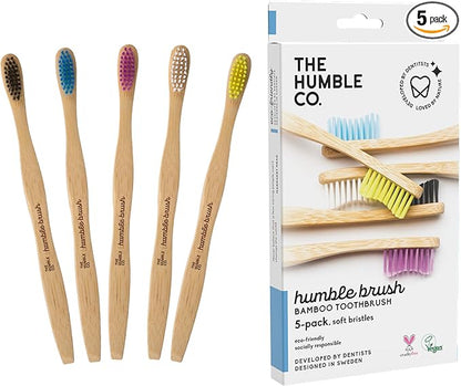 The Humble Co. Bamboo Toothbrushes (5pk) – Toothbrushes for Superior Oral Care, Dental Hygiene, and Gum Care, BPA Free (Soft Bristles)