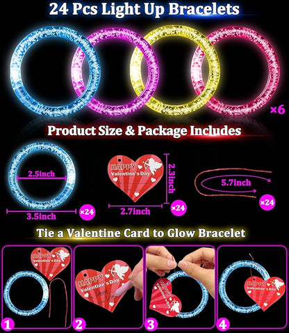 AMENON 24 Pack Valentines Day Gifts for Kids Glow In The Dark LED Bracelets with Valentines Cards for Kids Light UP Bracelets Valentines Classroom Gifts Exchange School Carnival Prizes Party Favor