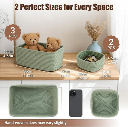 5-Pack Small Woven Rope Storage Baskets – 2 Sizes Organizer Bins for Closet, Shelf, Bookshelf, Nursery, Changing Table, Fabric Cube Boxes, Rectangular Shallow Bins for Bathroom, Toy & Home