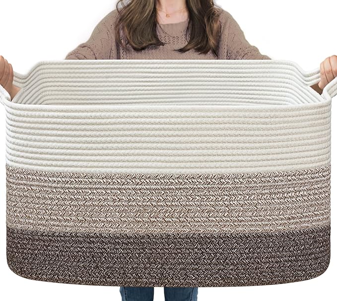 Goodpick Large Woven Storage Basket, 21.6"x14.9"x11.8", Blanket Storage for Bedroom and Living Room, Rectangle Rope Baskets for Storage, White Brown