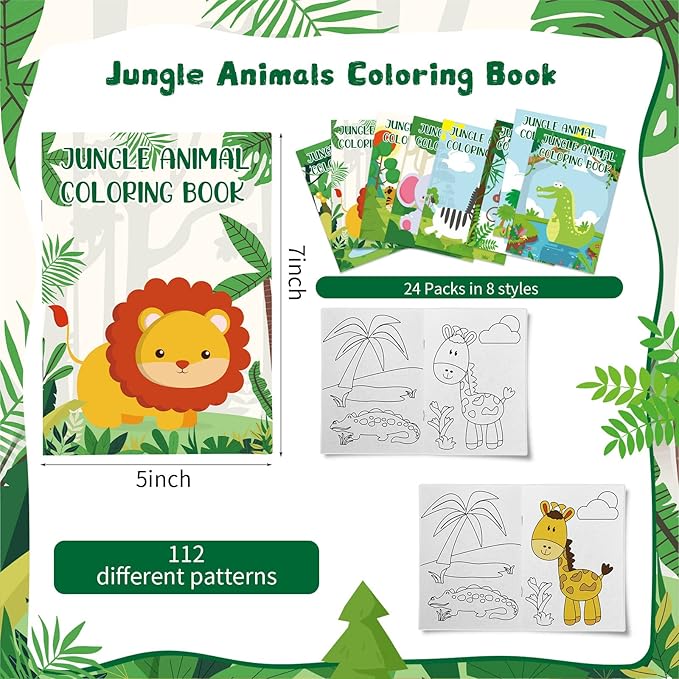 Honoson 24 Pcs Kids Coloring Books Animals Truck Coloring Books Bulk Jungle Animals Party Favors Mini DIY Art Drawing Pages for Birthday Gifts Classroom Jungle Party Supplies(Cartoon Style)