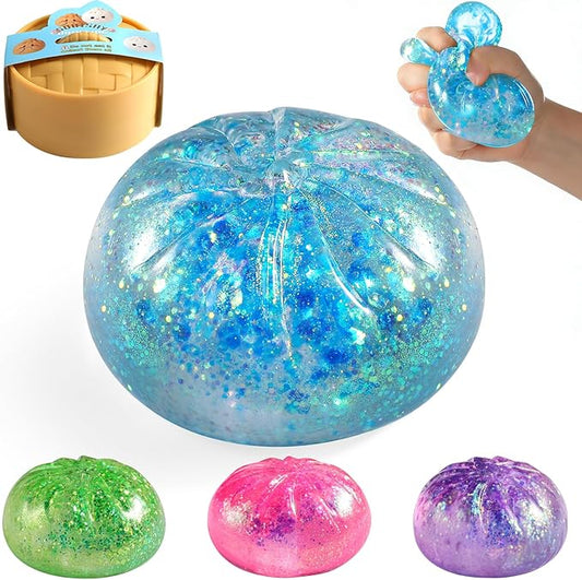 Glitter Dumpling Squishy,Rare Style Sugar Filled Squishies Dumpling Mystery Box, Viral Bao Bun Squeeze Toy,Stress Relief Fidget Toys (Blue)