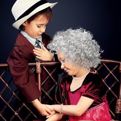 100th Day of School Costume for Girls, Old Lady Cosplay Silver Curly Wig Glasses Wig Cap Pearl Necklace Bracelet Accessories
