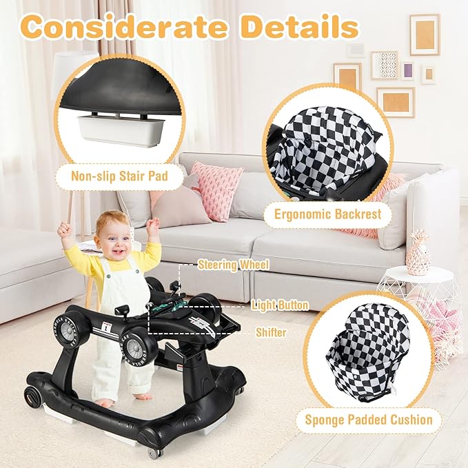 GLACER Foldable Baby Walker, 4-in-1 Infant Walker with Adjustable Height & Speed, Music, Light, Steering Wheel & Washable Cushion, Baby Walker Activity Center for Boys Girls 6 –18 Months (Black)