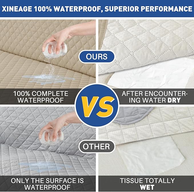 XINEAGE Loveseat Sofa Cover Waterproof Couch Covers for 2 Cushion Couch, Soft Washable Slipcover with Pockets & Non-Slip Elastic Straps, Thick Furniture Protector (Loveseat, Khaki)