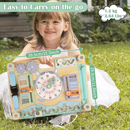 Double-Sided Wooden Busy Board for Toddlers, Sensory Activity Board, Montessori Travel Toy for Kids Age 2-5, Educational Toy for Autism, Ideal Choice for Baby Girls or Boys Birthday