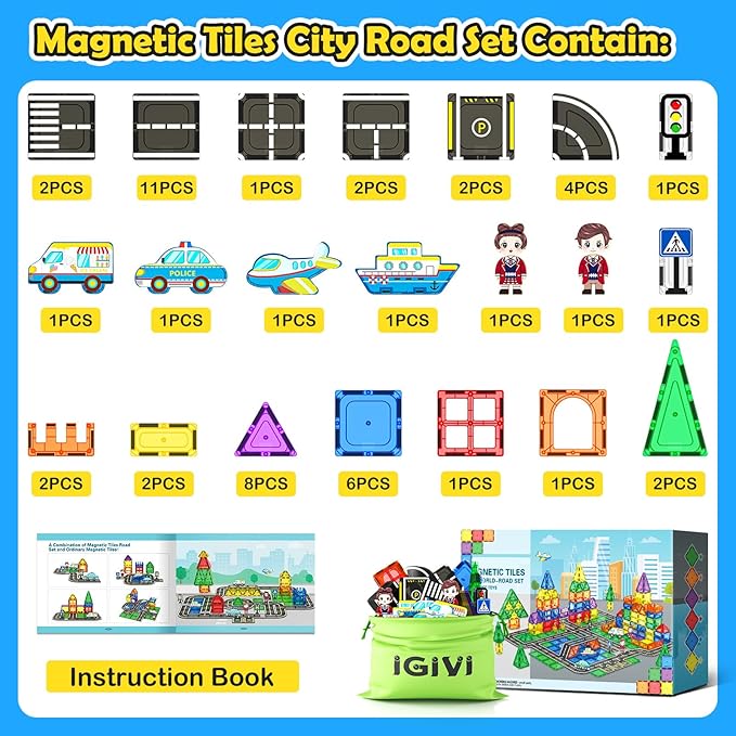 Magnetic Tiles City Road Set with Magnet Car Toys, Magnetic Blocks Building Toys for Kids, STEM Construction Toys for Toddlers,Toy Gifts for 3+ Year Old Boys & Girls