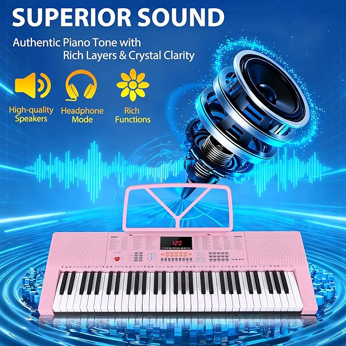 Smartxchoices 61-Key Electronic Keyboard Piano Stand Portable LED Display Keyboard Kit with Adjustable Stand, Adjustable Stool, Headphones, Microphone & Music Rest, Pink