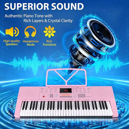 Smartxchoices 61-Key Electronic Keyboard Piano Stand Portable LED Display Keyboard Kit with Adjustable Stand, Adjustable Stool, Headphones, Microphone & Music Rest, Pink