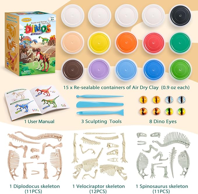 Drama Planet Air Dry Clay Dinosaur Craft Kit for Kids, Build and Design Your Own Dinosaurs with Modeling Clay, 3 Dinosaur Fossil Skeletons, Gifts for Boys and Girls Ages 6 & Up