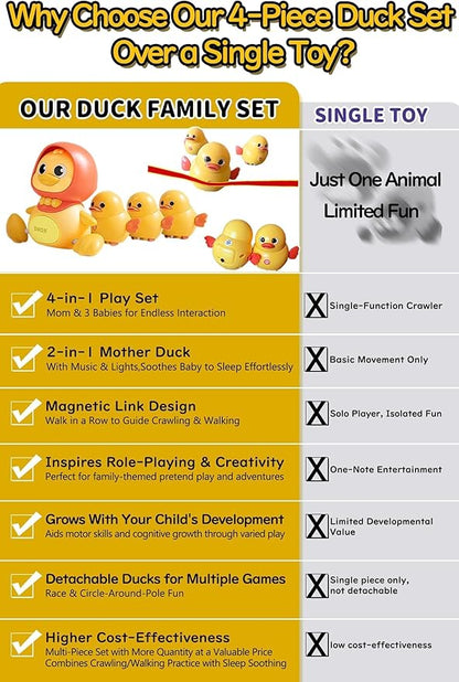 JUYEE Baby Crawling Toys Set of 4 - Magnetic Ducks Family for Infants 6-9-12 Months, Tummy Time Toys with Music & Lights, 1st Birthday Gift for Boys and Girls(4-Pack)