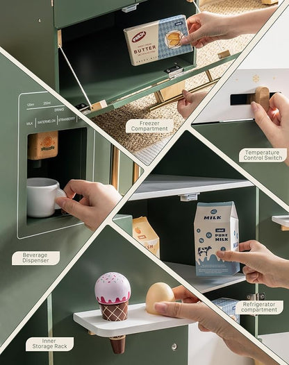 ROBUD Kids Play Kitchen - Vintage Green Refrigerator for Kids Kitchen Playset with Accessories - Pretend Toddlers' Kitchen Toy Fridge - Perfect Baby Gift for Ages 3-8