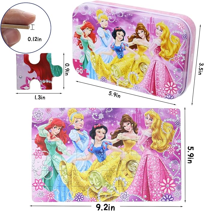 Princess Puzzles for Kids Ages 4-8 60 Pieces Puzzles for Kids Ages 3-5 Princess Puzzle for Girls and Boys Toys Jigsaw Puzzles in a Metal Box Educational Puzzles (Princess 0685)