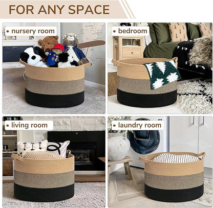 INDRESSME XXXLarge Cotton Rope Basket 21.7" x 21.7" x 13.8" Woven Baby laundry Blanket Basket for Living Room Decor, Toy Storage Baskets for Kids Boys Girls, Camel Mix & Black