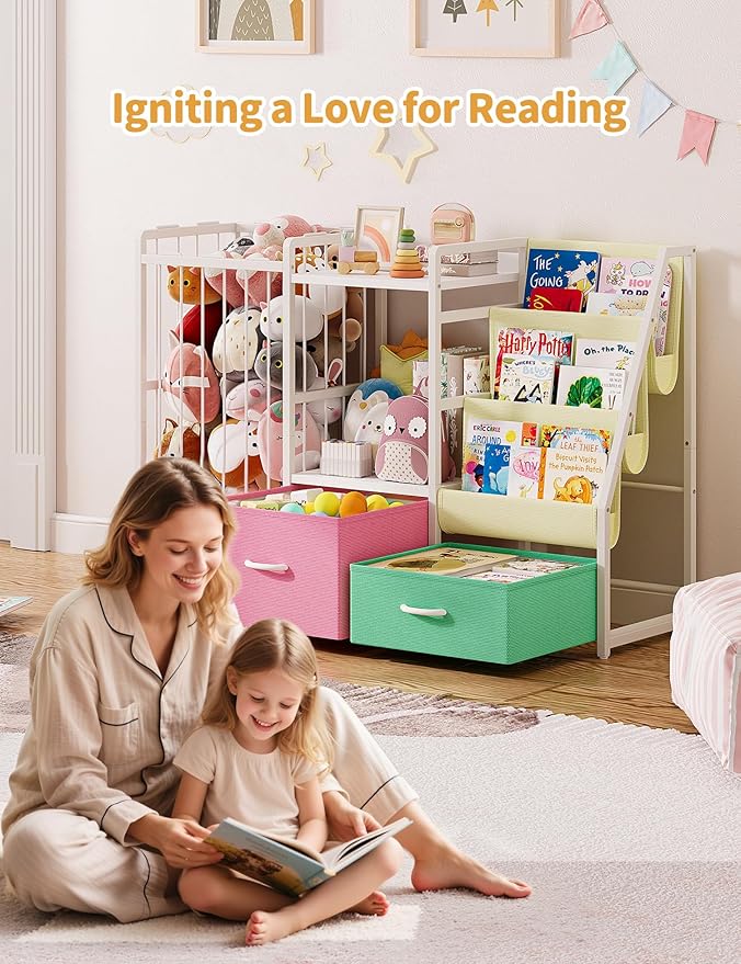 Twinkoo Kids Bookshelf and Toy Storage, Large 3 Tier Book Shelf for Kids Rooms, Sling Baby Bookcase with Stuffed Animal Storage, Toddler Montessori Bookshelf for Nursery, Playroom (Pink+Green)