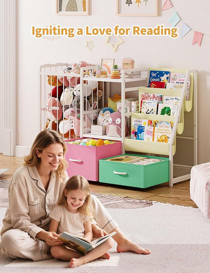 Twinkoo Kids Bookshelf and Toy Storage, Large 3 Tier Book Shelf for Kids Rooms, Sling Baby Bookcase with Stuffed Animal Storage, Toddler Montessori Bookshelf for Nursery, Playroom (Pink+Green)